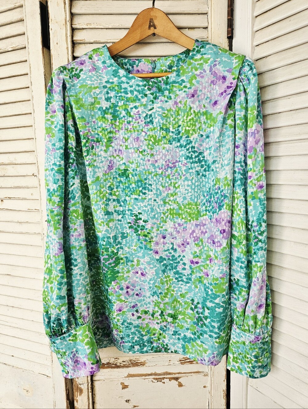 Vintage 80s Abstract Watercolour Print Gathered Shoulder Satin Blouse Large
